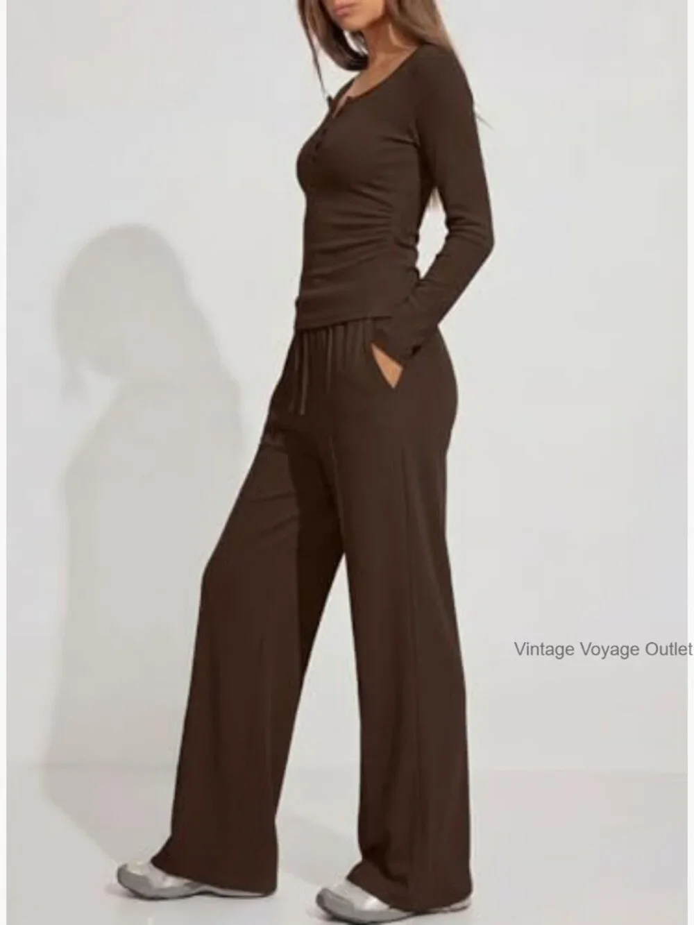 2 Piece Lounge Set Long Sleeve Henley Wide Leg Pants Travel Outfit - Picture 3 of 7